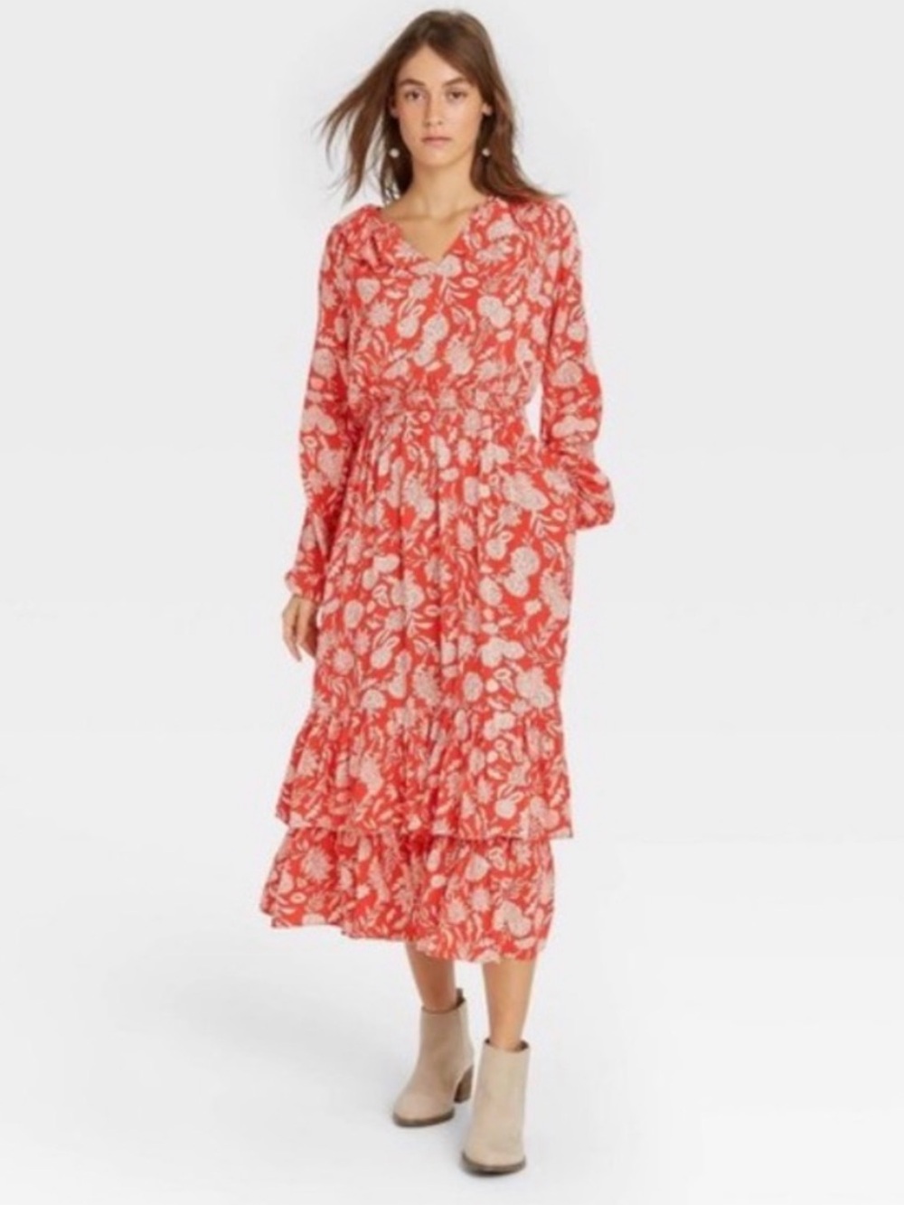 Universal Thread Red Floral Long Sleeve Ruffle Dress